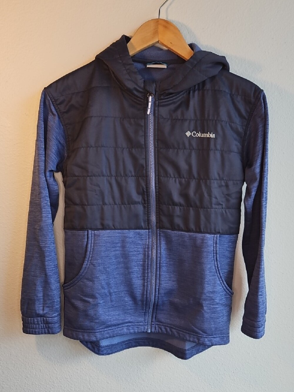 Columbia Blue Hybrid Fleece Hooded Kids Jacket Size Large 14/16